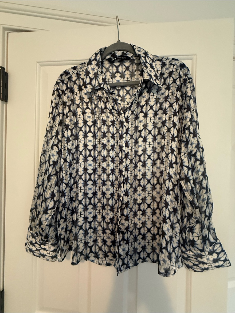 Zara Navy and White Geometric Print Button-Down Shirt